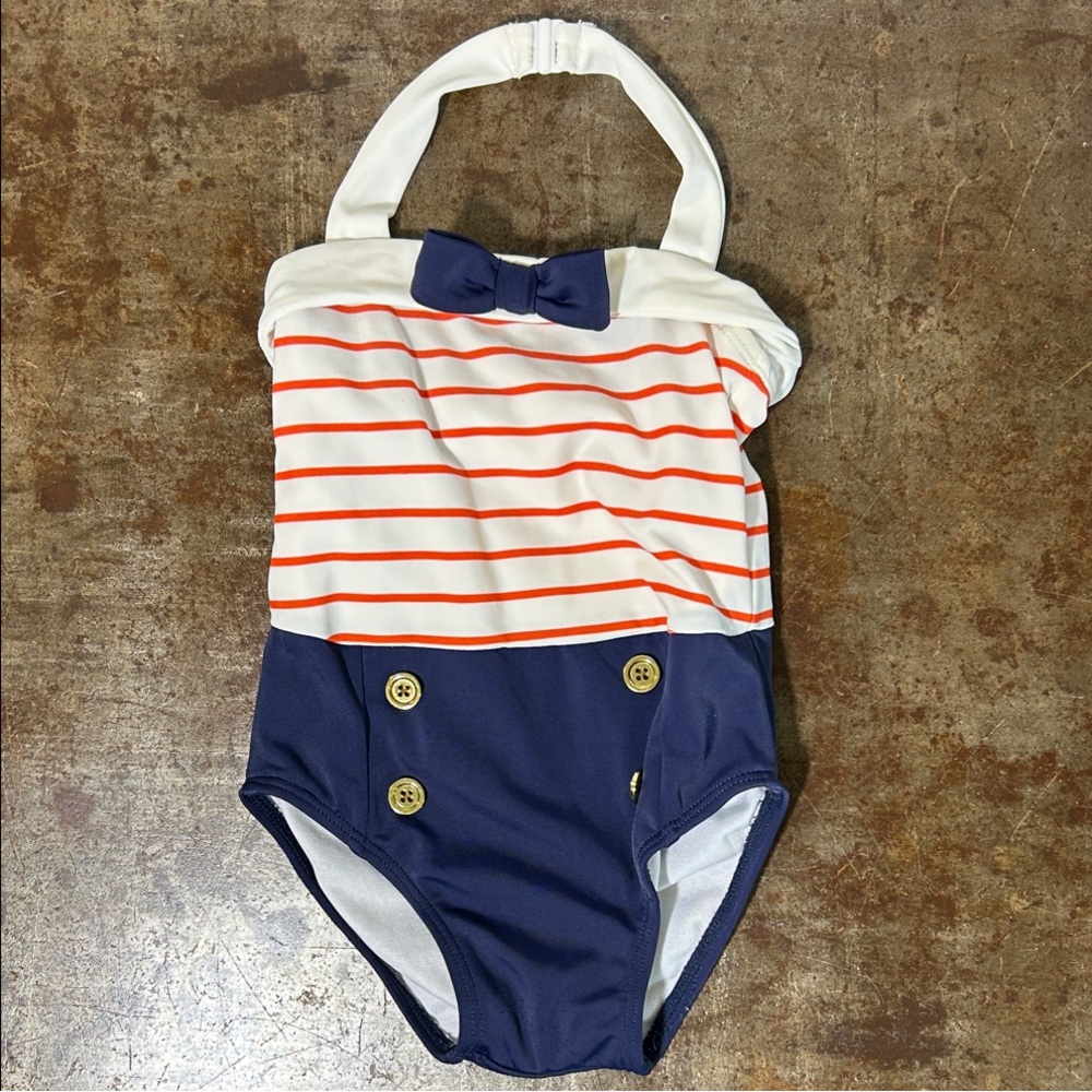 Janie and Jack Navy & White Nautical Stripe One-Piece Swimsuit with Red Stripes